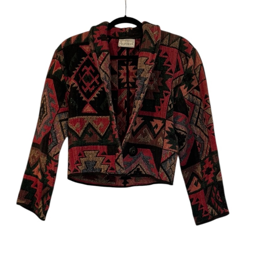 Flashback Raspberry Multi Aztec Southwestern Cropped Tapestry Jacket Vintage S - Picture 3 of 14